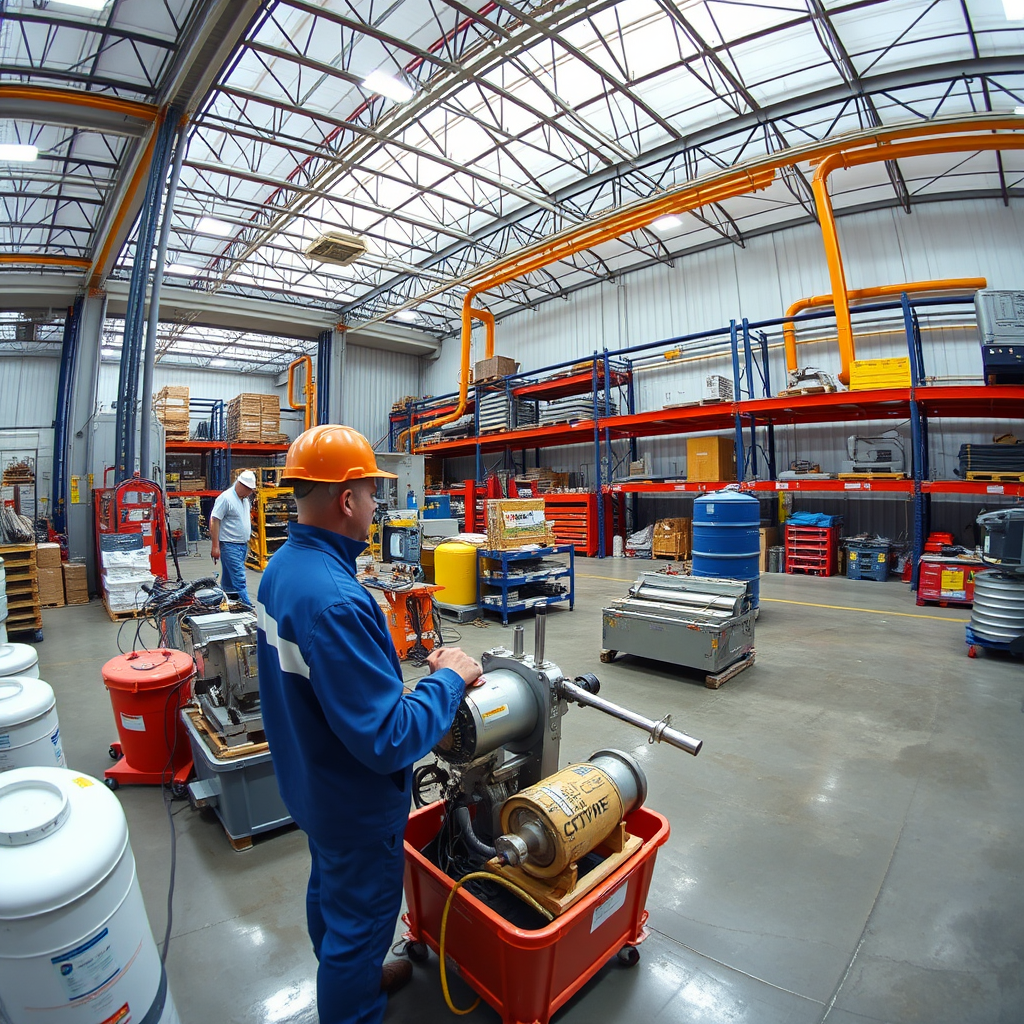 Coating contractor work area with equipment and protective gear